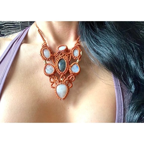 Handmade Jewelry - STUNNING! Rainbow Moonstone + Flash Labradorite Hemp Necklace